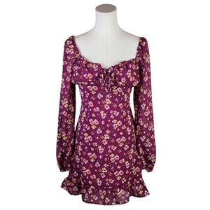 Floral Ruffle Long Sleeve Mini Dress Purple XS Coquette Cottagecore Style